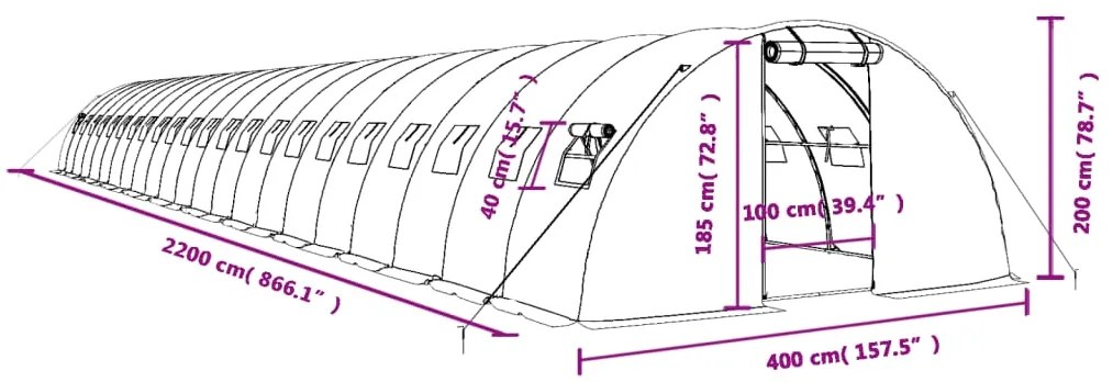 Θερμοκήπιο Πράσινο 88 μ² 22 x 4 x 2 μ. με Ατσάλινο Πλαίσιο - Πράσινο