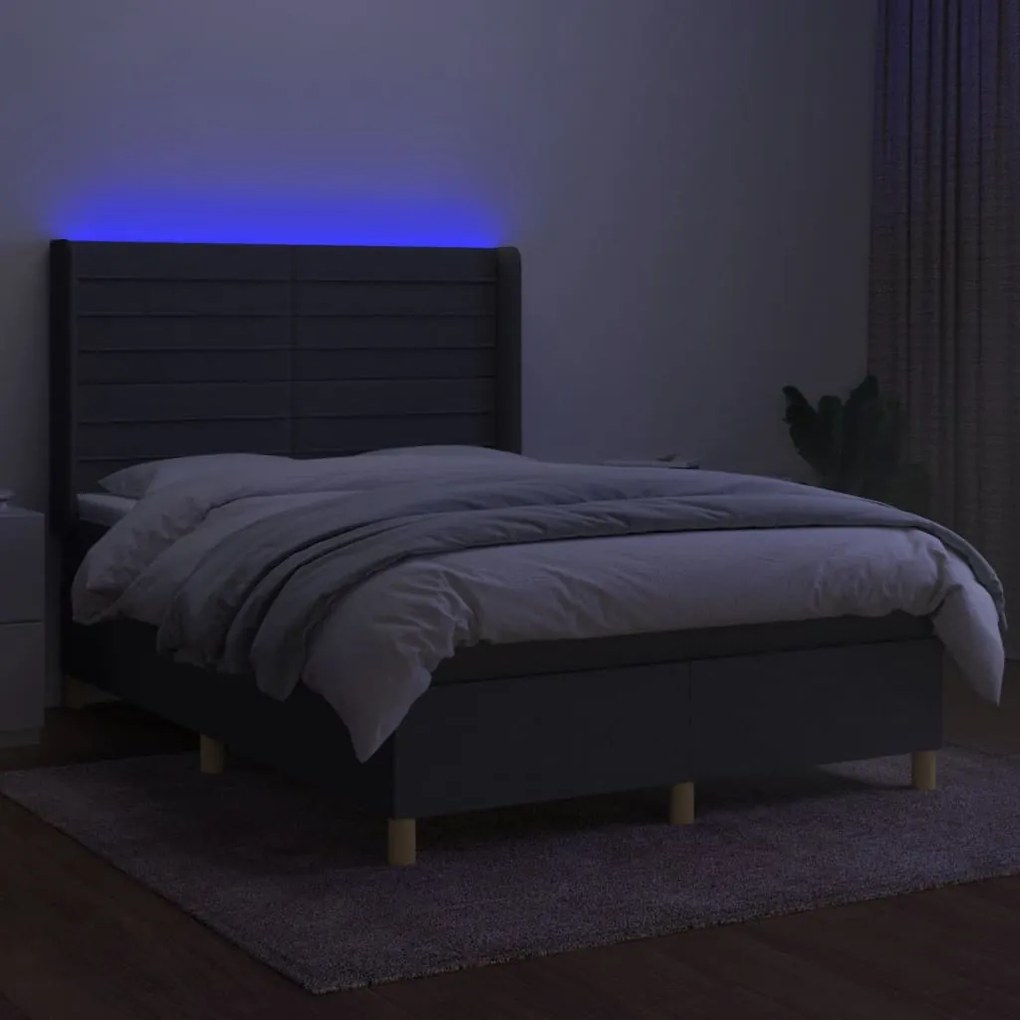 vidaXL Κρεβάτι Boxspring με Στρώμα &amp; LED Σκ.Γκρι 140x190εκ. Υφασμάτινο
