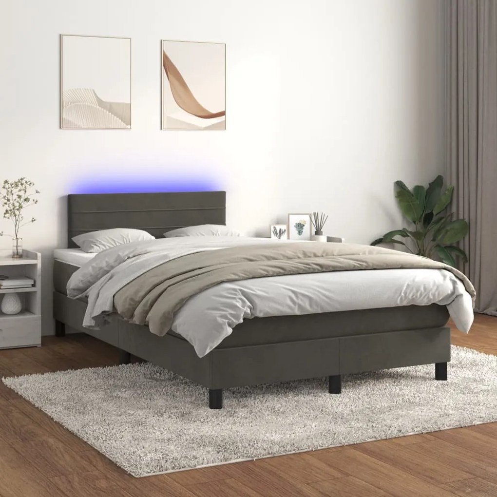 Κρεβάτι Boxspring με Στρώμα &amp; LED Σκ.Γκρι 120x190εκ. Βελούδινο - Γκρι