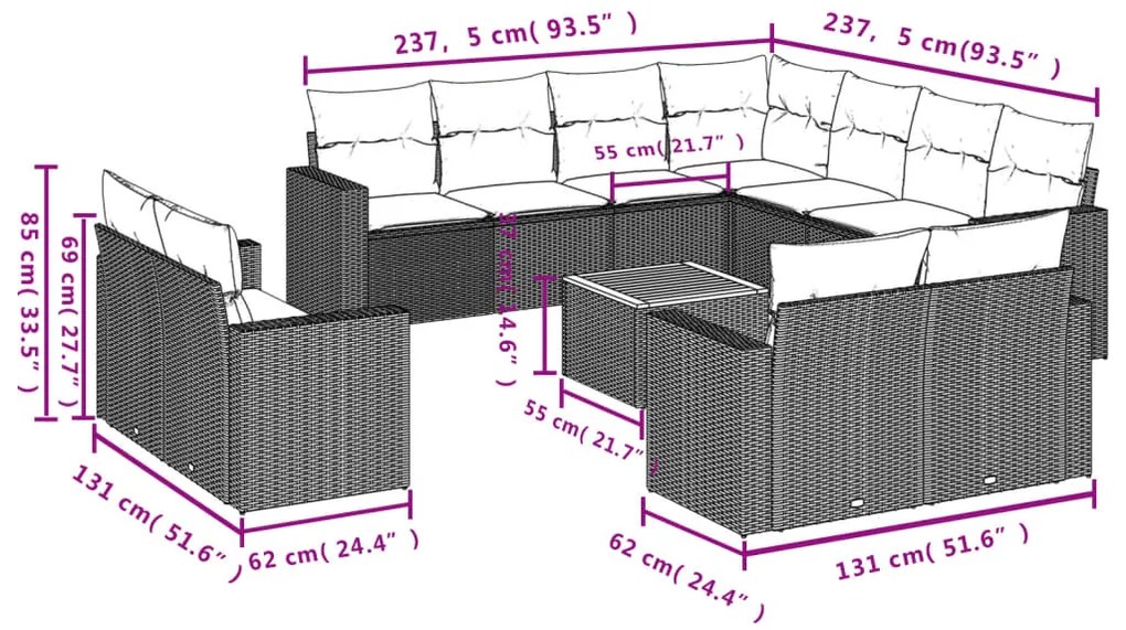 vidaXL Σαλόνι Κήπου 12 Τεμαχίων Μαύρο Συνθετικό Ρατάν με Μαξιλάρια