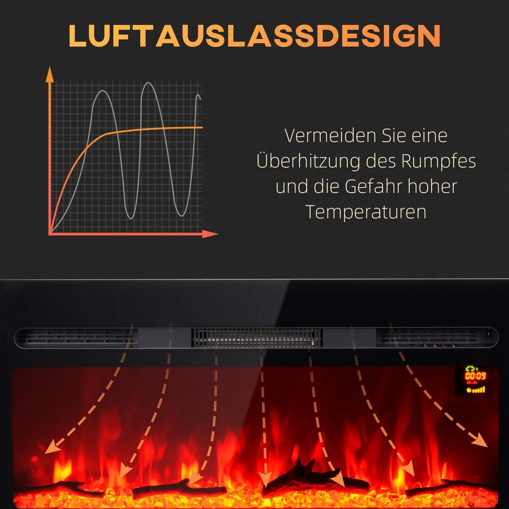 Ηλεκτρικό τζάκι HOMCOM για επιτοίχια τοποθέτηση με τηλεχειριστήριο, ψεύτικα ξύλα και κρύσταλλα, ισχύς 1800W, Μαύρο