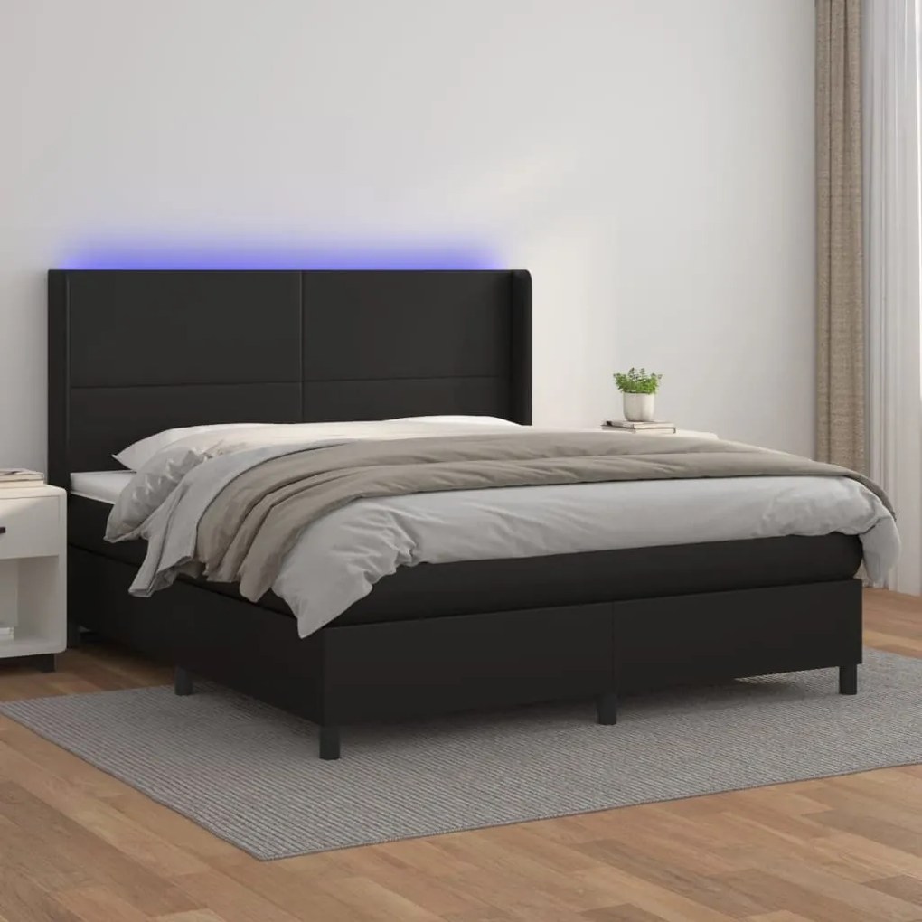 Κρεβάτι Boxspring με Στρώμα & LED Μαύρο 180x200 εκ. Συνθ. Δέρμα