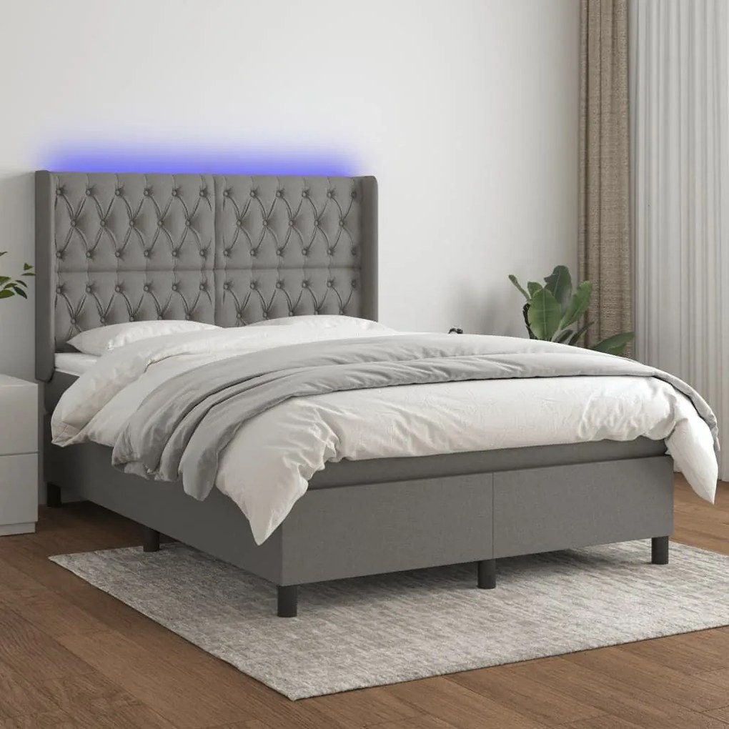 Κρεβάτι Boxspring με Στρώμα &amp; LED Σκ.Γκρι 140x190εκ. Υφασμάτινο - Γκρι