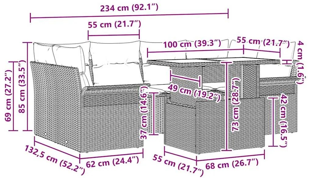 vidaXL Σετ Καναπέ Κήπου με μαξιλάρι 7 pcs Μπεζ Πολυ ράταν