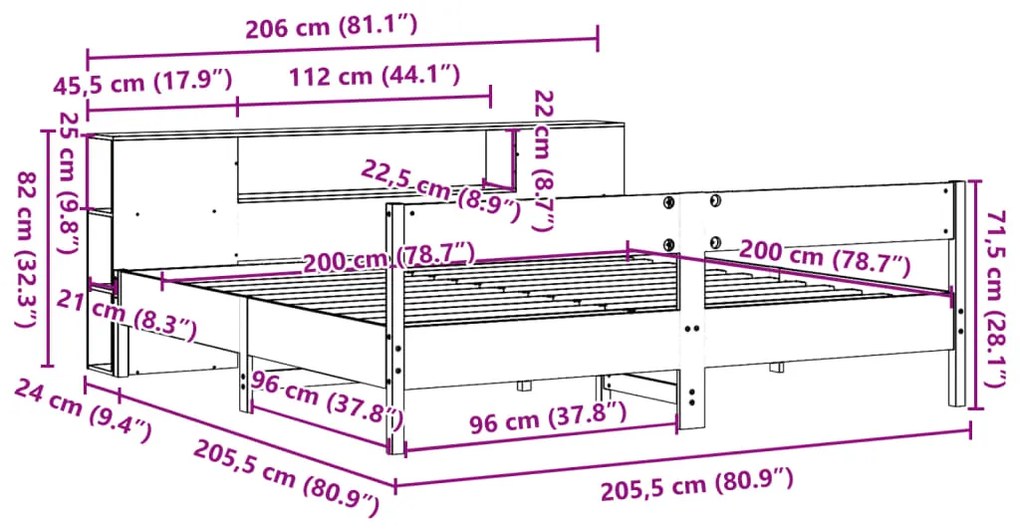 Κρεβάτι Βιβλιοθήκη Χωρίς Στρώμα 200x200 εκ Μασίφ Ξύλο Πεύκου - Λευκό