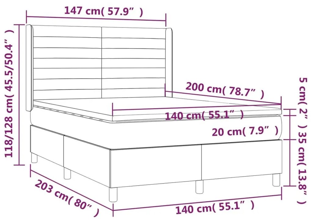 Κρεβάτι Boxspring με Στρώμα &amp; LED Taupe 140x200 εκ. Υφασμάτινο - Μπεζ-Γκρι