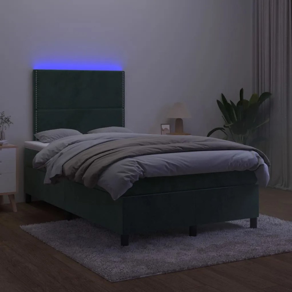 vidaXL Κρεβάτι Boxspring με Στρώμα & LED Σκ. Πράσινο 120x200εκ Βελούδο