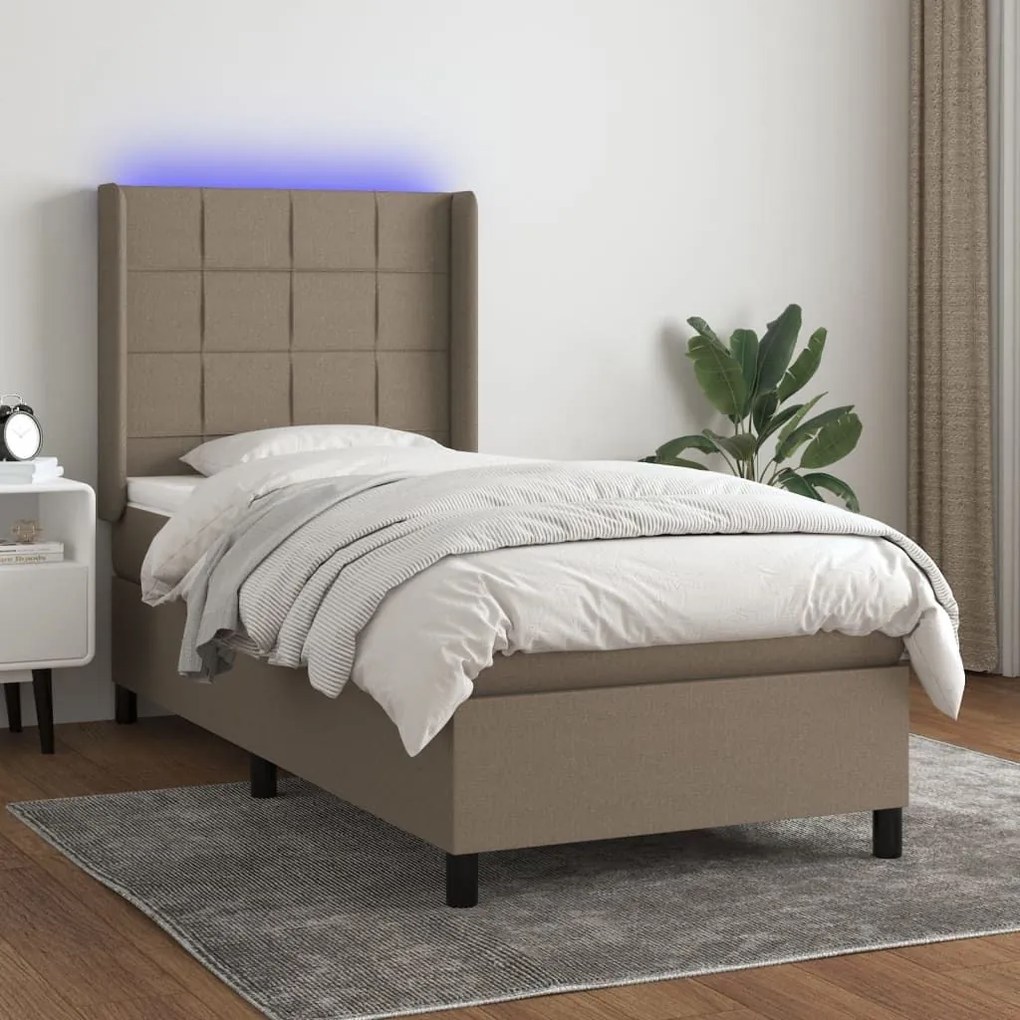 Κρεβάτι Boxspring με Στρώμα &amp; LED Taupe 90x190 εκ. Υφασμάτινο - Μπεζ-Γκρι