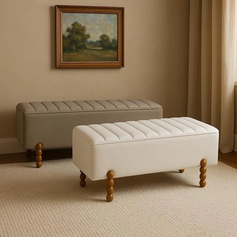 Σκαμπό μπαούλο Daph Inart σετ 2 τεμ βελούδο ύφασμα σε μπεζ και λευκή απόχρωση 110x46x45 εκ.