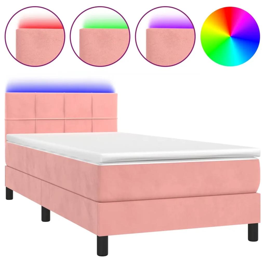 vidaXL Κρεβάτι Boxspring με Στρώμα & LED Ροζ 90x200 εκ. Βελούδινο