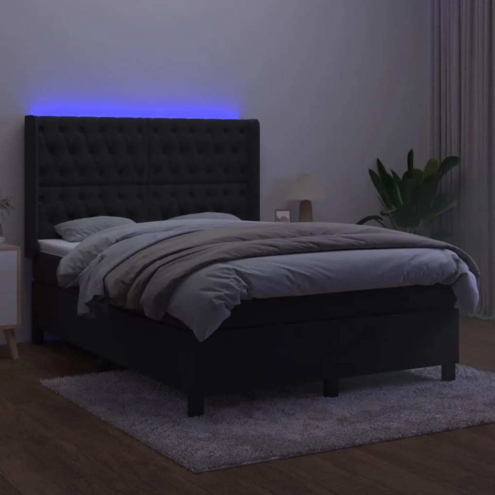 vidaXL Κρεβάτι Boxspring με Στρώμα &amp; LED Μαύρο 140x200 εκ. Βελούδινο