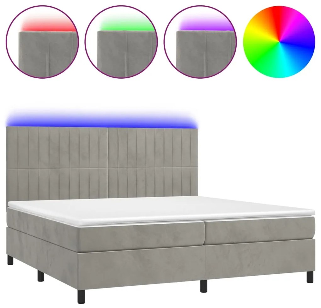 vidaXL Κρεβάτι Boxspring με Στρώμα & LED Αν.Γκρι 200x200 εκ. Βελούδινο