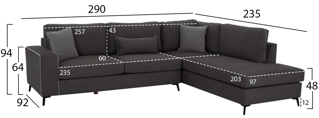 Γωνιακός Καναπές DIVA C3254.10R Δεξιά Γωνία Ύφασμα Αλέκιαστο Γκρί 290x235x94Yεκ. 290x235x94 εκ.