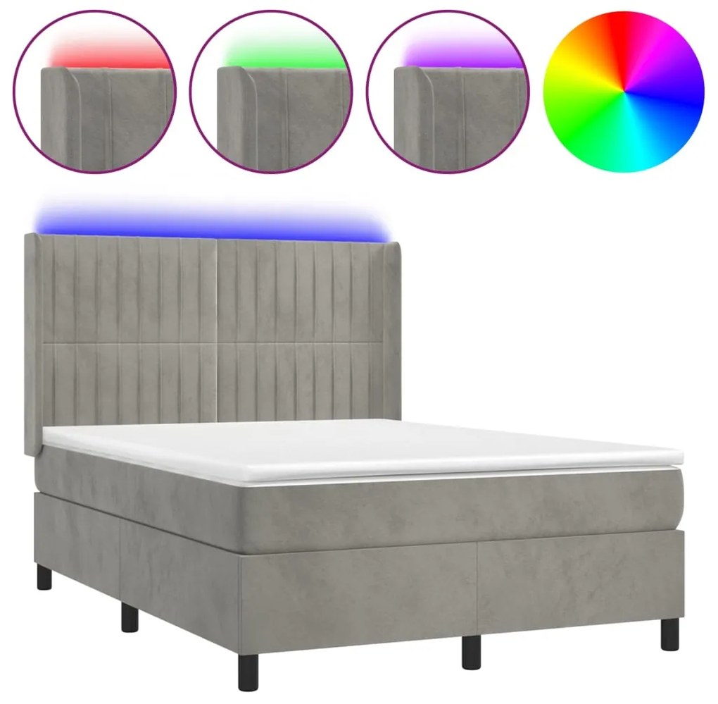 vidaXL Κρεβάτι Boxspring με Στρώμα &amp; LED Αν.Γκρι 140x200 εκ. Βελούδινο