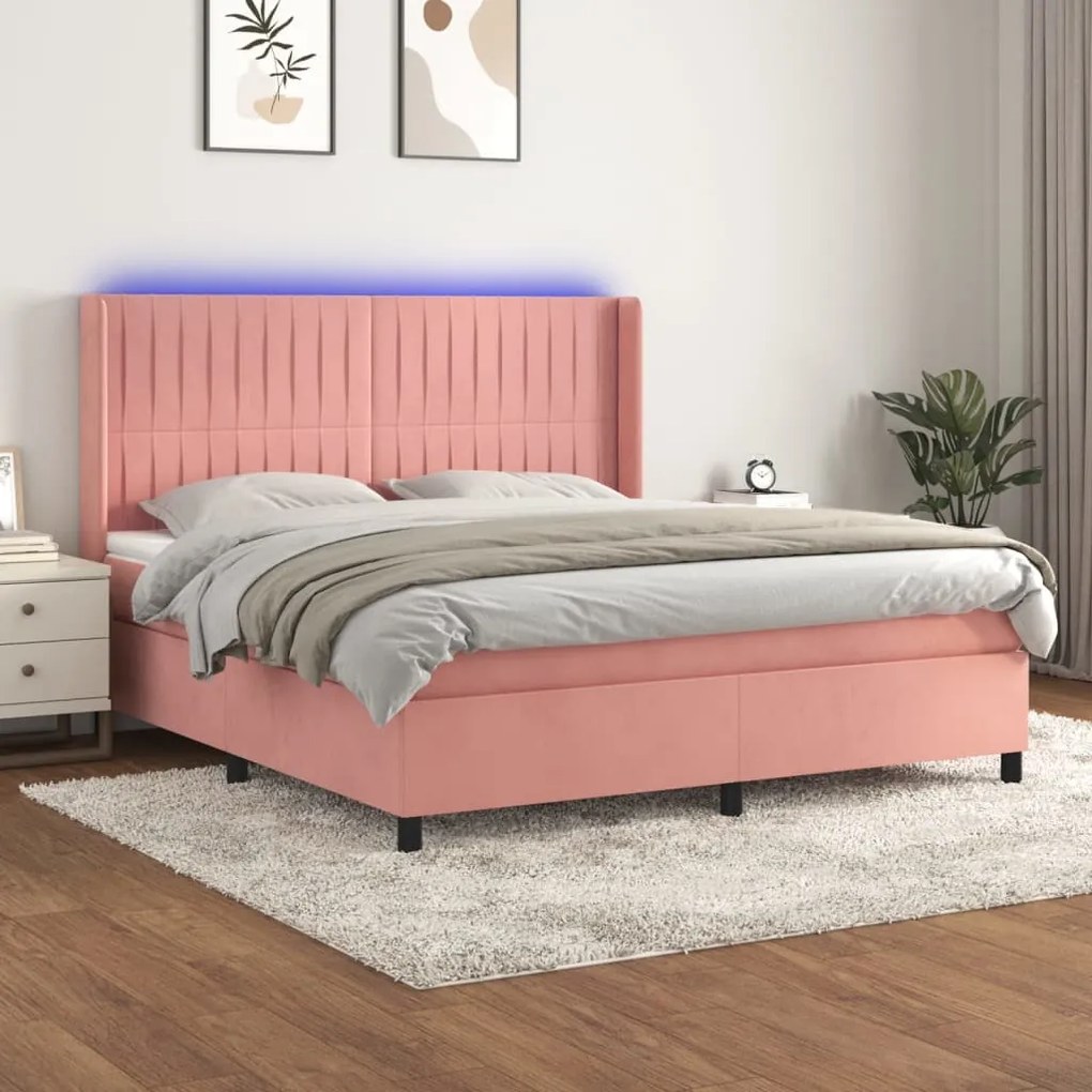 vidaXL Κρεβάτι Boxspring με Στρώμα & LED Ροζ 180x200 εκ. Βελούδινο