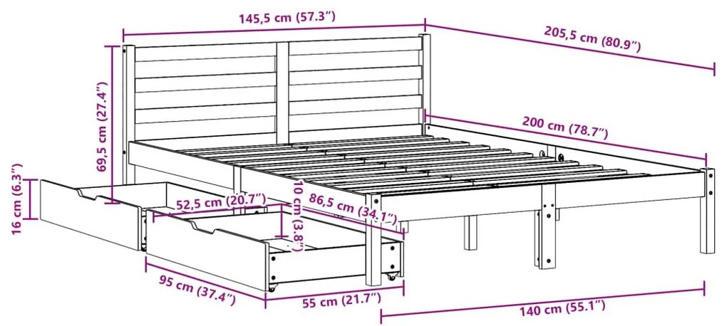 Σκελετός Κρεβατιού Χωρίς Στρώμα Καφέ 140x200 Μασίφ Ξύλο Πεύκου - Καφέ