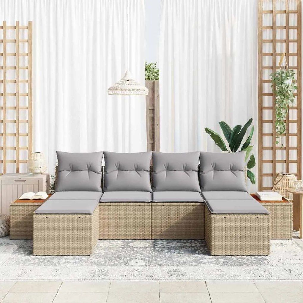 vidaXL Σετ Καναπέ Κήπου με μαξιλάρι 6 pcs Μπεζ Πολυ ράταν