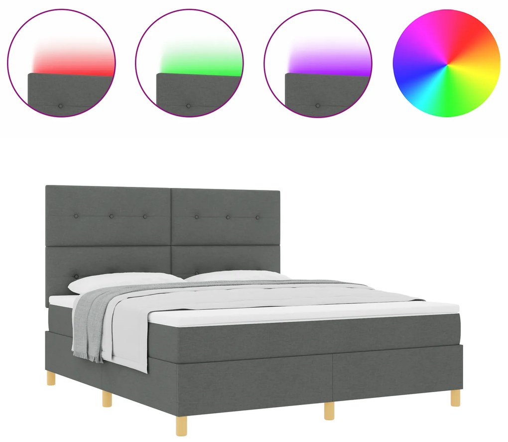 vidaXL Box Spring Bed με Στρώμα & LED Σκούρο Γκρι 180x200 εκ. Ύφασμα