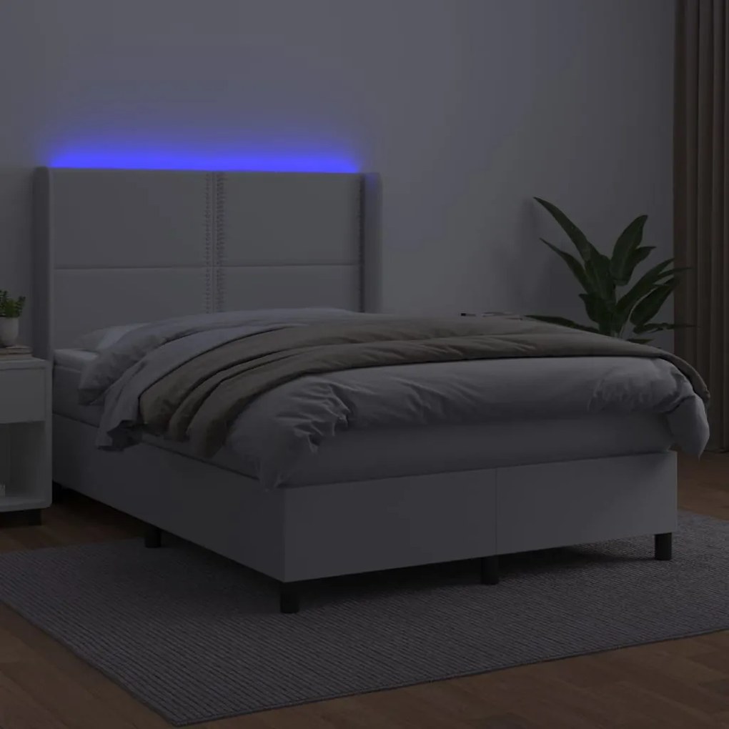 Κρεβάτι Boxspring με Στρώμα &amp; LED Λευκό 140x200 εκ. Συνθ. Δέρμα - Λευκό