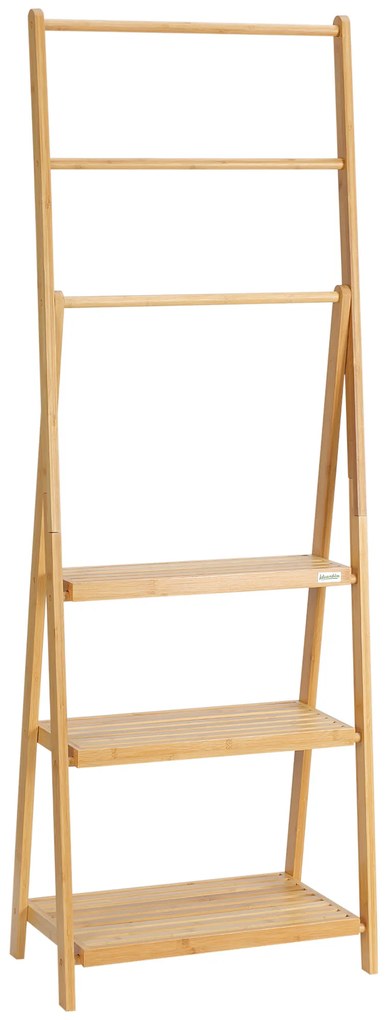 kleankin Σκάλα πετσετών από μπαμπού με ράφια, 3 ράφια, 3 κρεμάστρες πετσετών, πτυσσόμενη, 53 cm x 30,5 cm x 152 cm, Φυσικό