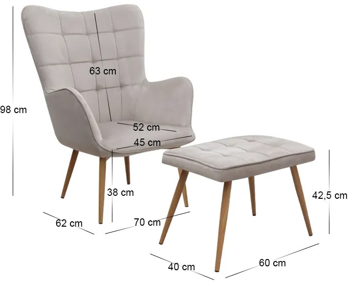 Πολυθρόνα - Μπερζέρα με υποπόδιο Lily Megapap μπεζ βελούδο - μεταλλικό πόδι χρώμα φυσικό 70x62x98εκ.