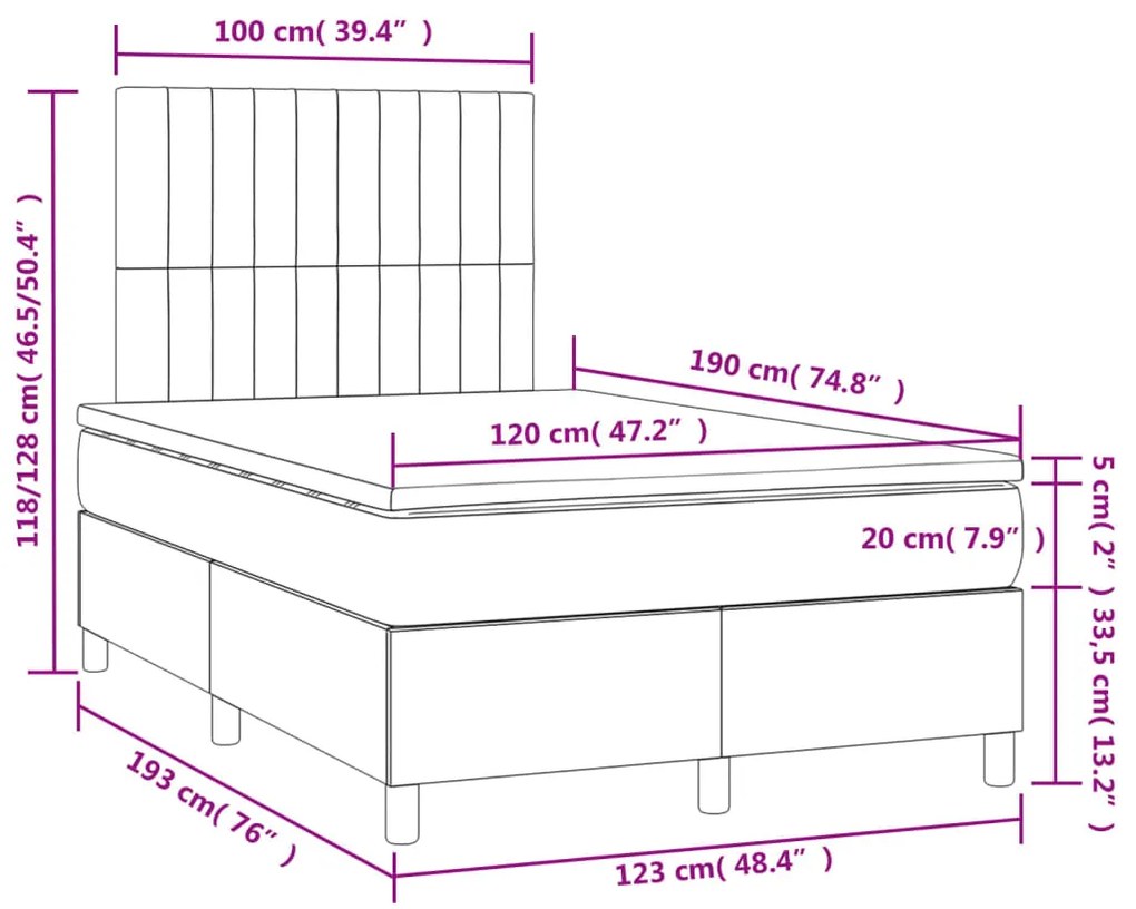 Κρεβάτι Boxspring με Στρώμα &amp; LED Σκ.Καφέ 120x190εκ. Υφασμάτινο - Καφέ