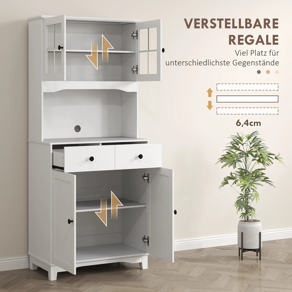 HOMCOM Ντουλάπι κουζίνας με γυάλινες πόρτες, 2 συρτάρια, Ντουλάπι σερβίτσιων, Ντουλάπι τραπεζαρίας, Ξύλο, 68 x 39,5 x 170 cm, Λευκό