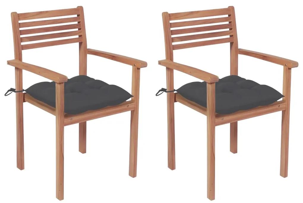 Καρέκλες Κήπου 2 τεμ. από Μασίφ Ξύλο Teak με Ανθρακί Μαξιλάρια