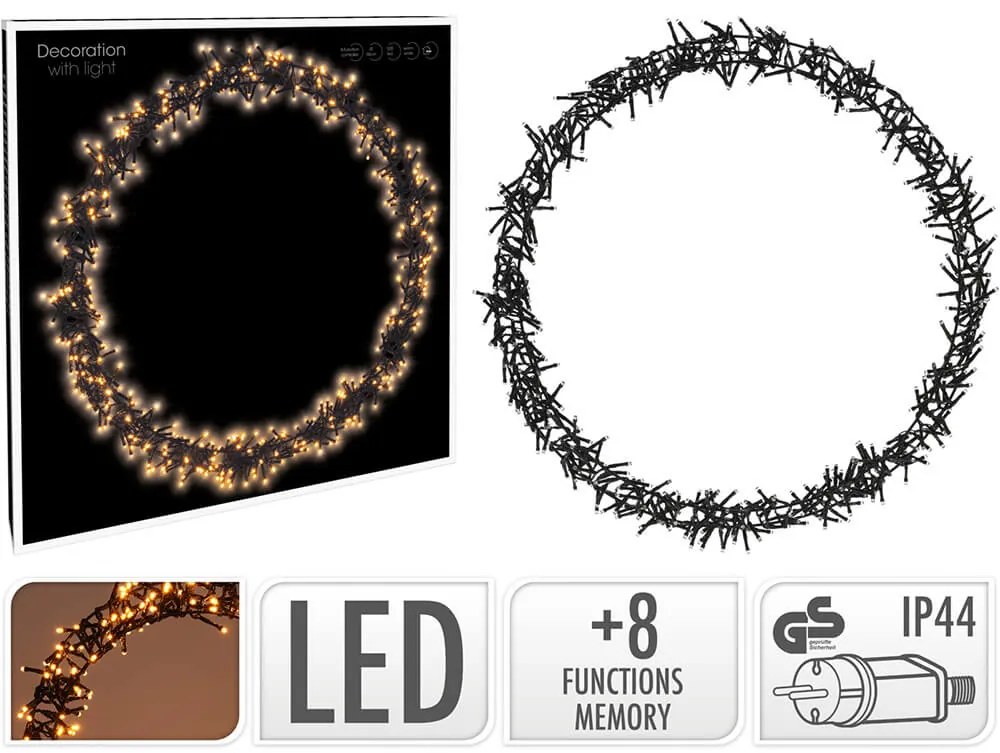Στεφάνι με 500 φωτάκια LED - 3 Μέτρα σύνδεσης , Kανονική Διάταξη, με χειριστήριο, 8 προγράμματα, Μαύρο καλώδιο PVC και διάμετρο 58cm - Θερμό Λευκό