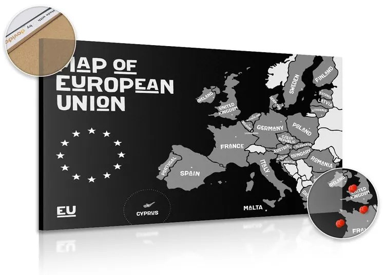 Εικόνα σε εκπαιδευτικό χάρτη από φελλό με ονόματα χωρών σε μαύρο & άσπρο της ΕΕ - 120x80  arrow