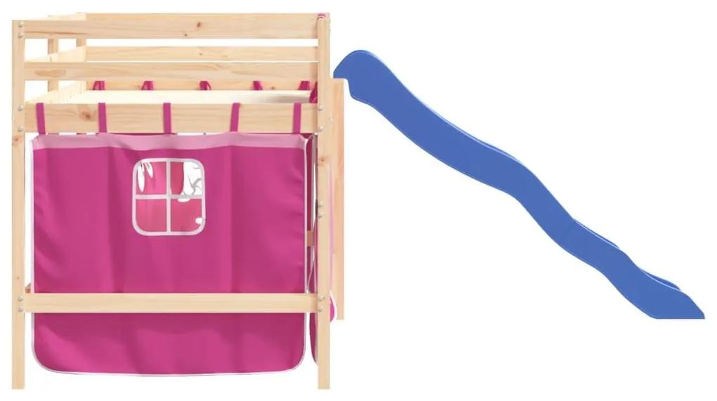 Υπερυψ. Κρεβάτι με Κουρτίνες Ροζ 80 x 200 εκ. Μασίφ Ξύλο Πεύκου - Ροζ