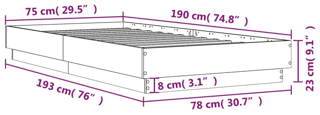 Πλαίσιο Κρεβατιού Γκρι Σκυροδέματος 75 x 190 εκ. Επεξεργ. Ξύλο - Γκρι