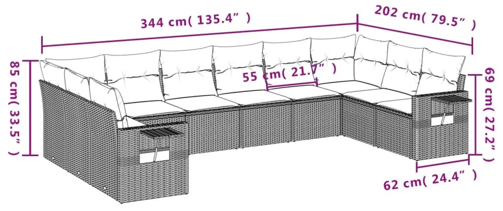 vidaXL Σετ Καναπέ Κήπου 10 τεμ. Μπεζ Συνθετικό Ρατάν με Μαξιλάρια