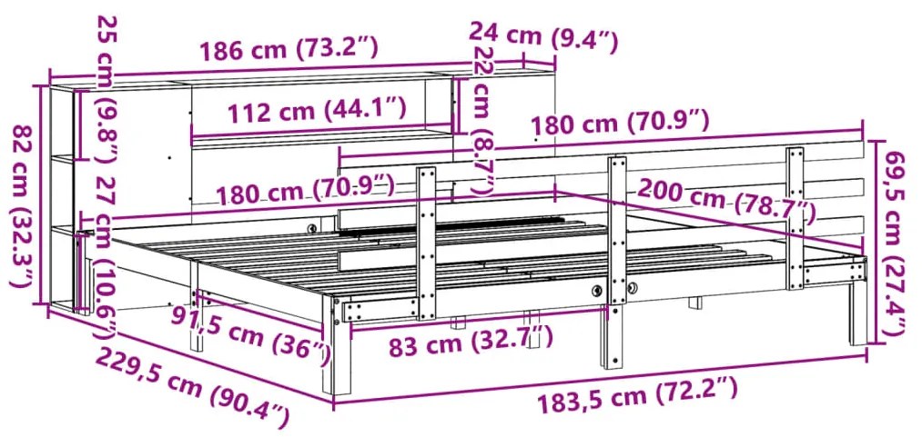 Κρεβάτι Βιβλιοθήκη Χωρίς Στρώμα 180x200 εκ Μασίφ Ξύλο Πεύκου - Λευκό