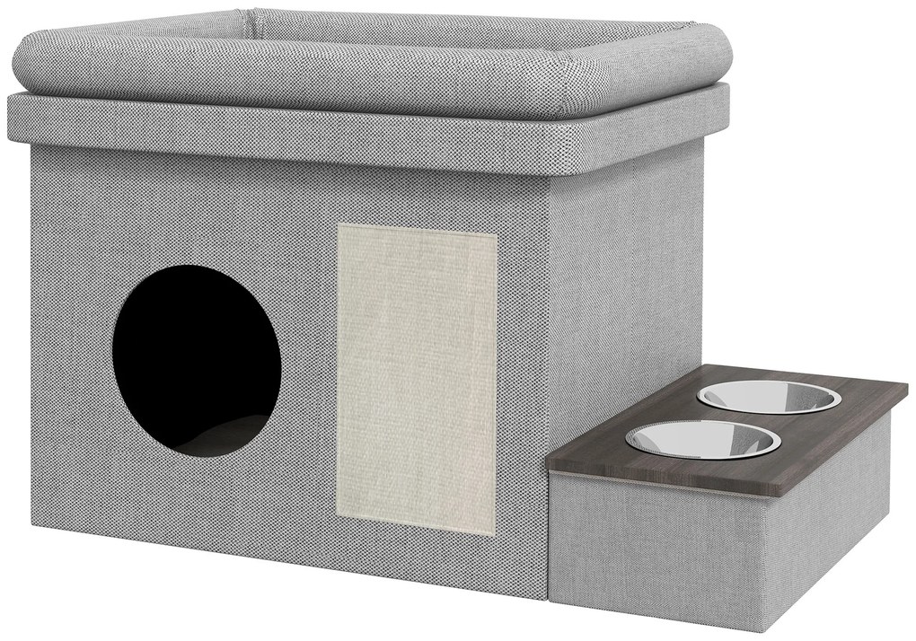 PawHut Σπιτάκι Γάτας, Σταθμός Φαγητού με 2 Ανοξείδωτα Μπολ, Χαλί Ξυσίματος, Μαλακό Μαξιλάρι, 78 x 48 x 49,5 cm, Γκρι
