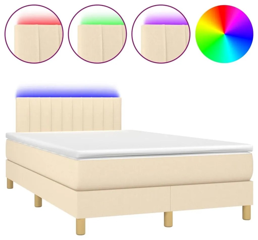 Κρεβάτι Boxspring με Στρώμα &amp; LED Κρεμ 120x190 εκ. Υφασμάτινο - Κρεμ