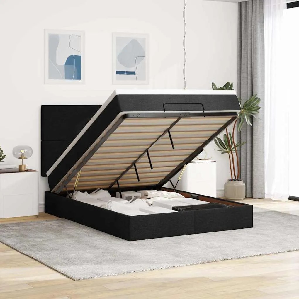 vidaXL Οθωμανικό κρεβάτι με στρώμα Μαύρο 140x190cm Ύφασμα