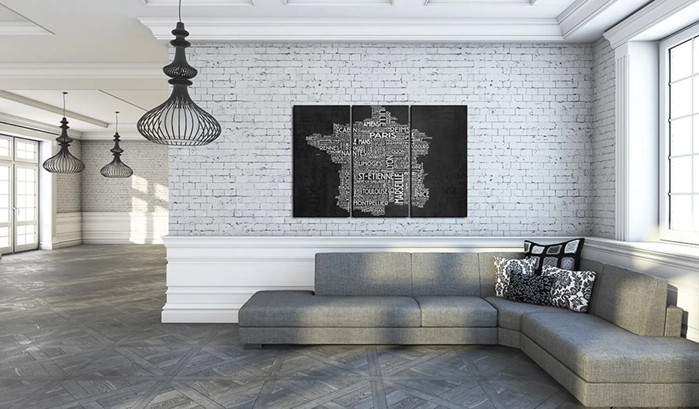 Πίνακας - Text map of France on the black background - triptych 60x40