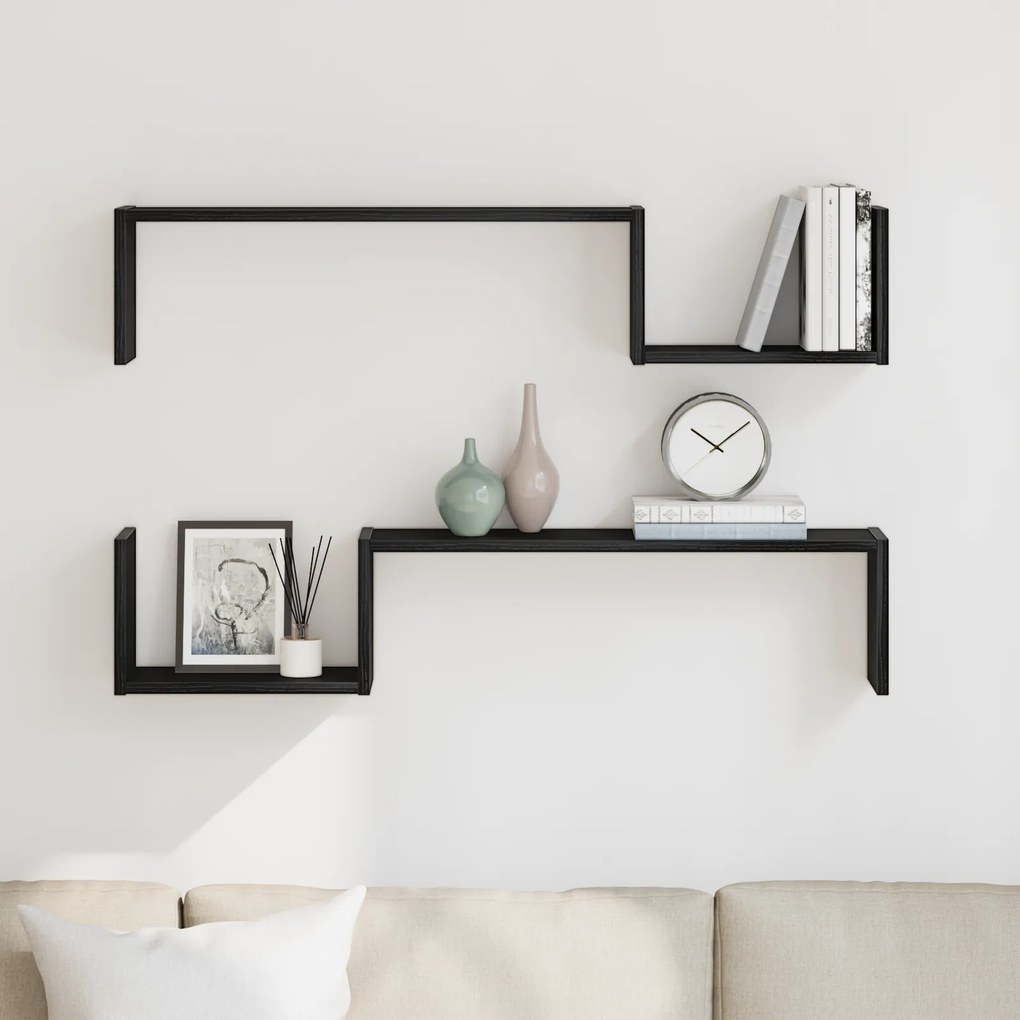 vidaXL Επιτοίχια Ράφα 2 τεμ Μαύρη Οξιά 100x15x70 εκ Επεξεργασμένο Ξύλο