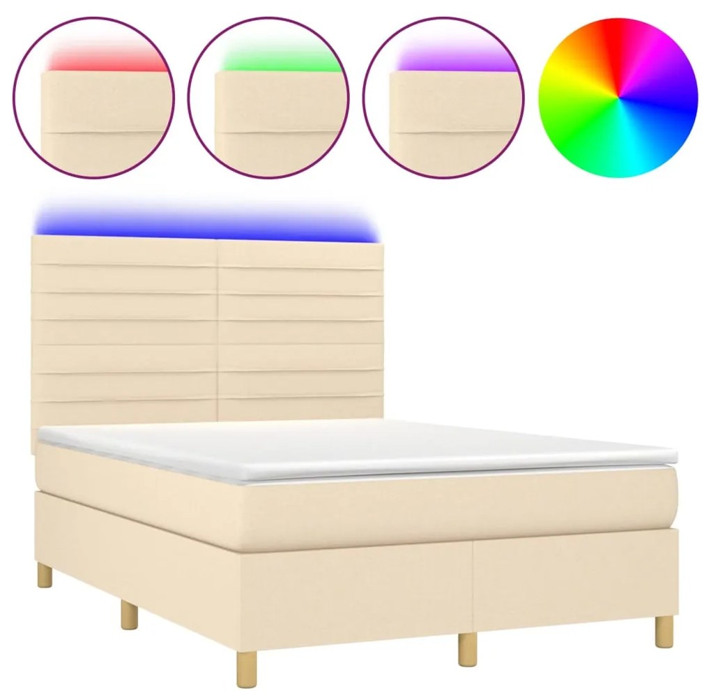 vidaXL Κρεβάτι Boxspring με Στρώμα & LED Κρεμ 140x200 εκ. Υφασμάτινο