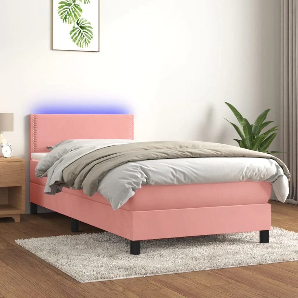 Κρεβάτι Boxspring με Στρώμα &amp; LED Ροζ 90x200 εκ. Βελούδινο - Ροζ