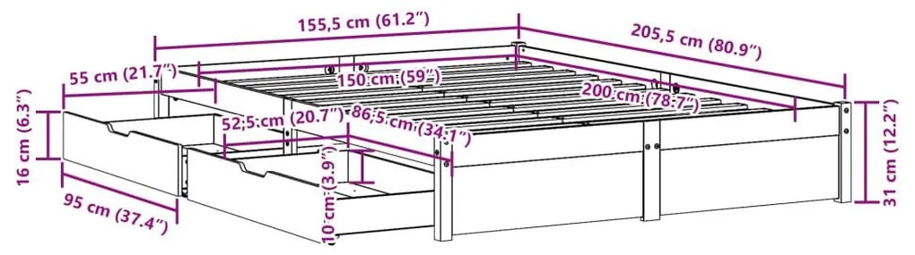 Σκελετός Κρεβ. Χωρίς Στρώμα Λευκό 150x200 εκ Μασίφ Πεύκο - Λευκό