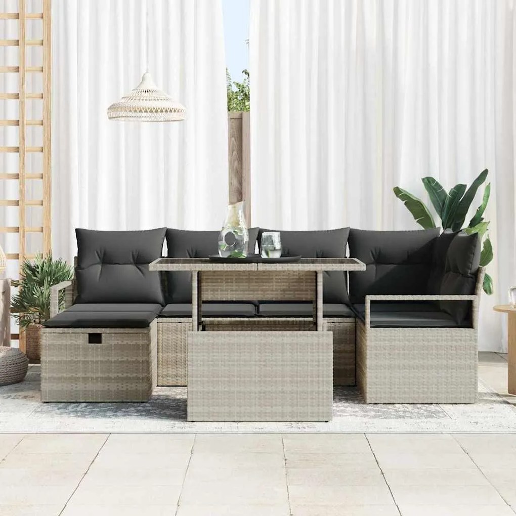 vidaXL Σετ Καναπέ Κήπου με μαξιλάρι 7 pcs Ανοιχτό γκρι Πολυ ράταν