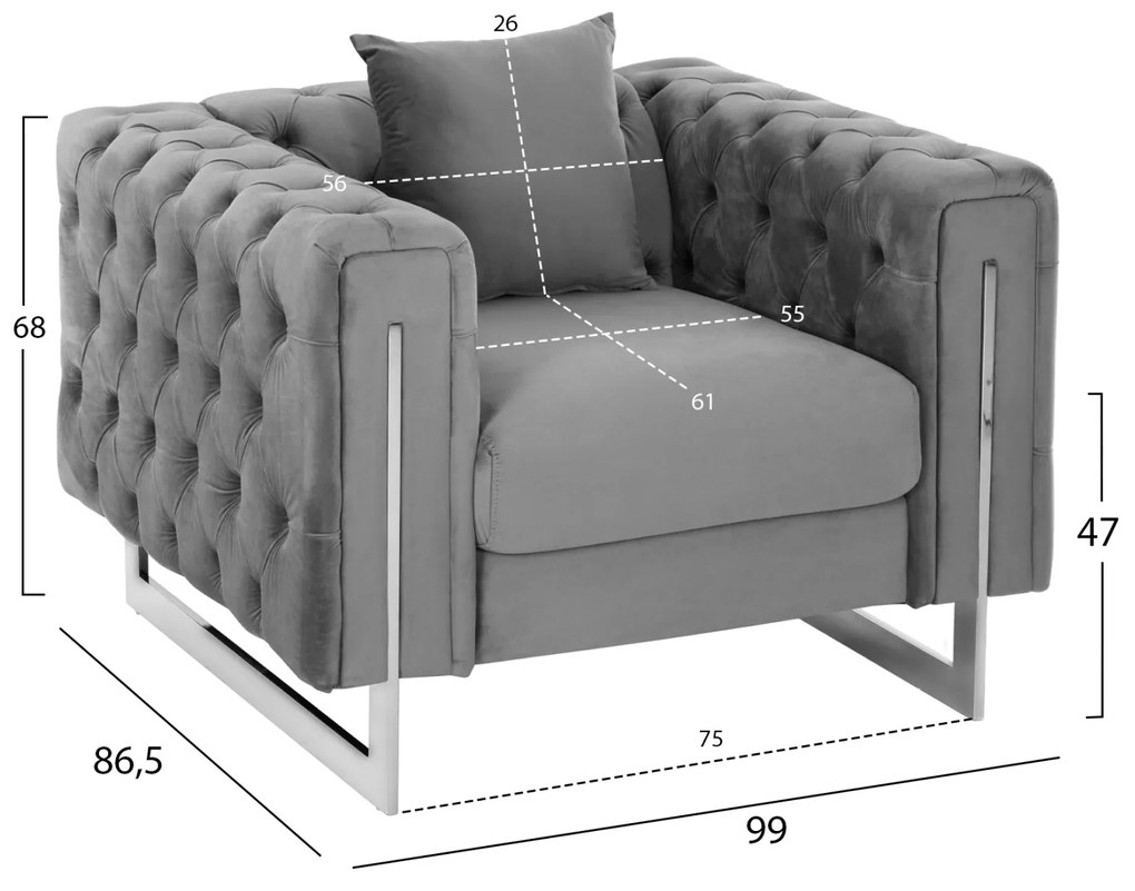 ΠΟΛΥΘΡΟΝΑ τ.CHESTERFIELD MOBAR HM3261.01 ΓΚΡΙ ΒΕΛΟΥΔΟ-ΜΕΤΑΛΛΙΚΑ ΠΟΔΙΑ 99x86,5x77Υεκ. - HM3261.01