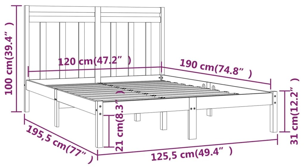 vidaXL Πλαίσιο Κρεβατιού 120 x 190 εκ. από Μασίφ Ξύλο Small Double