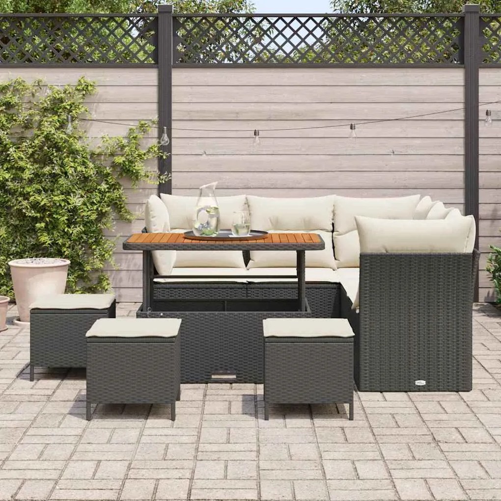vidaXL Σετ Κήπου 9 Τεμαχίων  με Μαύρα Μαξιλάρια Poly Rattan Acacia