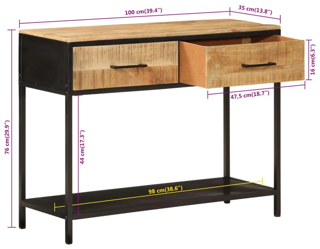 Τραπέζι Κονσόλα 100 x 35 x 76 εκ. από Μασίφ Ξύλο Μάνγκο/Σίδερο - Καφέ