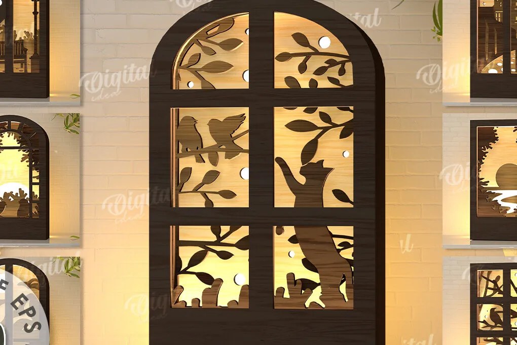 Σετ των 2 Intra απο ξύλο plywood 3mm-4mm πάχος – Παράθυρο Led Nightlights Πακέτο κοπής με λέιζερ Δίασταση  20x20 cm INTRAFABR-107963362