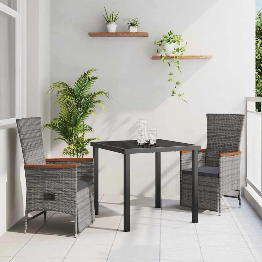 vidaXL Σέτ φαγητού για κήπο με μαξιλάρι 3 pcs Γκρι Πολυ ράταν
