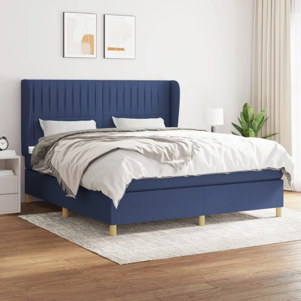 Κρεβάτι Boxspring με Στρώμα Μπλε 160x200 εκ. Υφασμάτινο - Μπλε